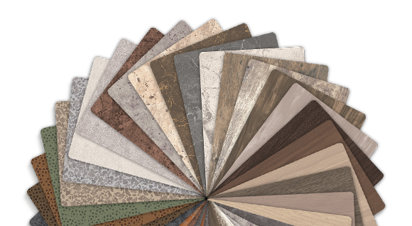 Image of Sherwin-Williams Emulate pattern and colorway samples fanned out in a half circular pattern