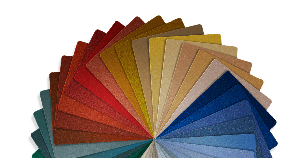 Several coatings swatches in a variety of colors fanned out