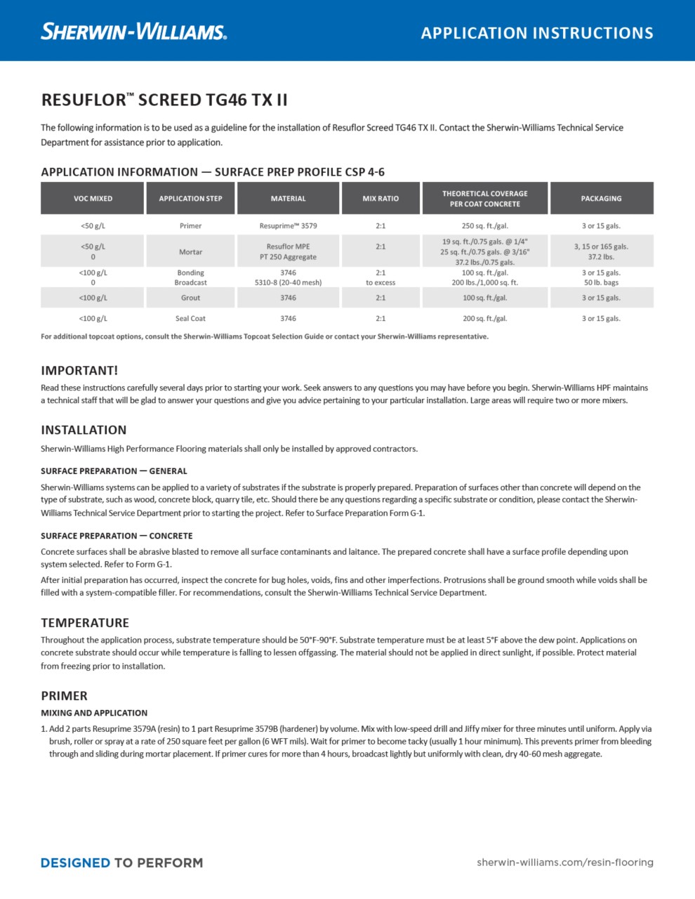 Resuflor™ Screed TG46 TX II Application Instructions
